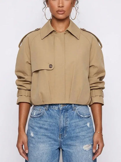 Beige Cotton Cropped Trench Jacket with Pleated Hem - Jackets
