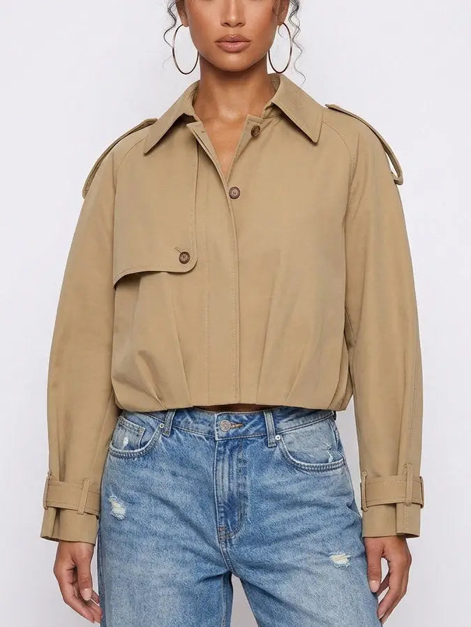 Beige Cotton Cropped Trench Jacket with Pleated Hem - Jackets