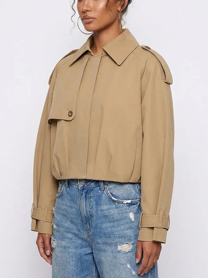 Beige Cotton Cropped Trench Jacket with Pleated Hem - Jackets