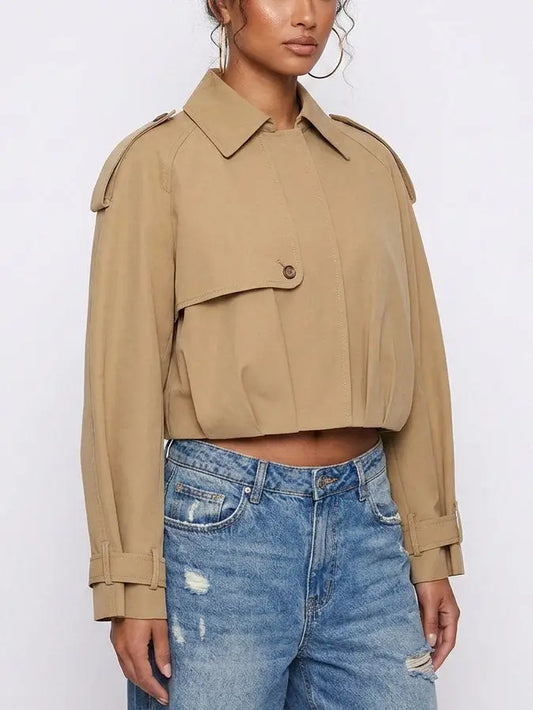 Beige Cotton Cropped Trench Jacket with Pleated Hem - Jackets