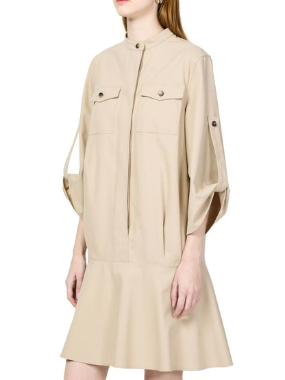 Beige Cotton Twill Mini Shirt Dress - Dresses