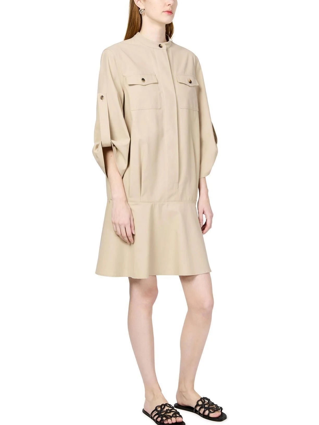 Beige Cotton Twill Mini Shirt Dress - Dresses