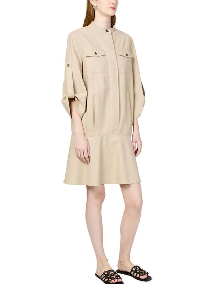 Beige Cotton Twill Mini Shirt Dress - Dresses