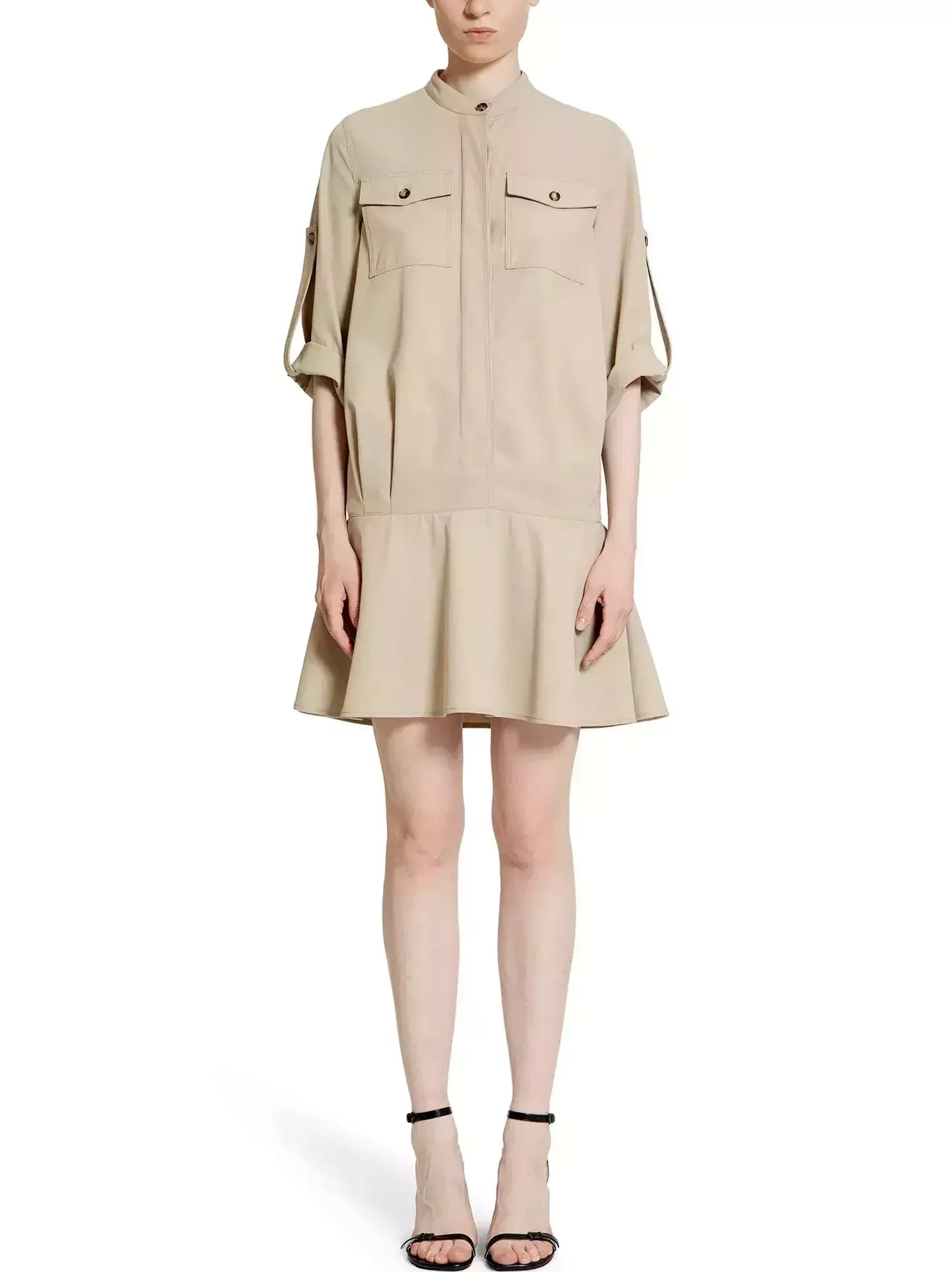 Beige Cotton Twill Mini Shirt Dress - Dresses