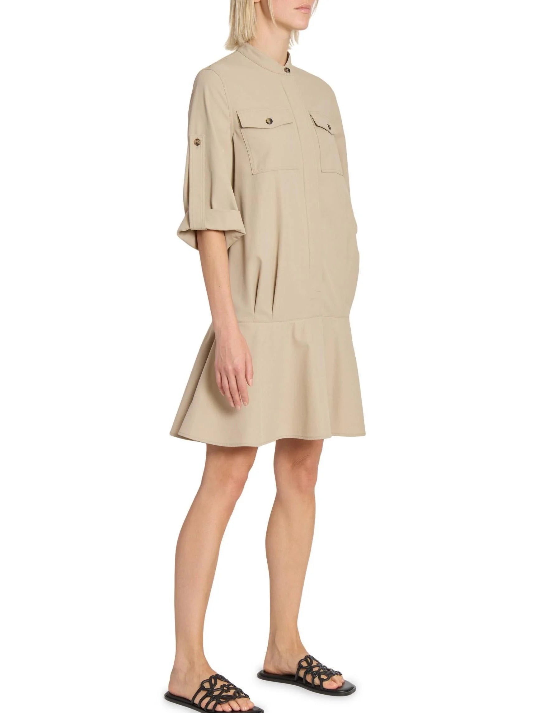 Beige Cotton Twill Mini Shirt Dress - Dresses