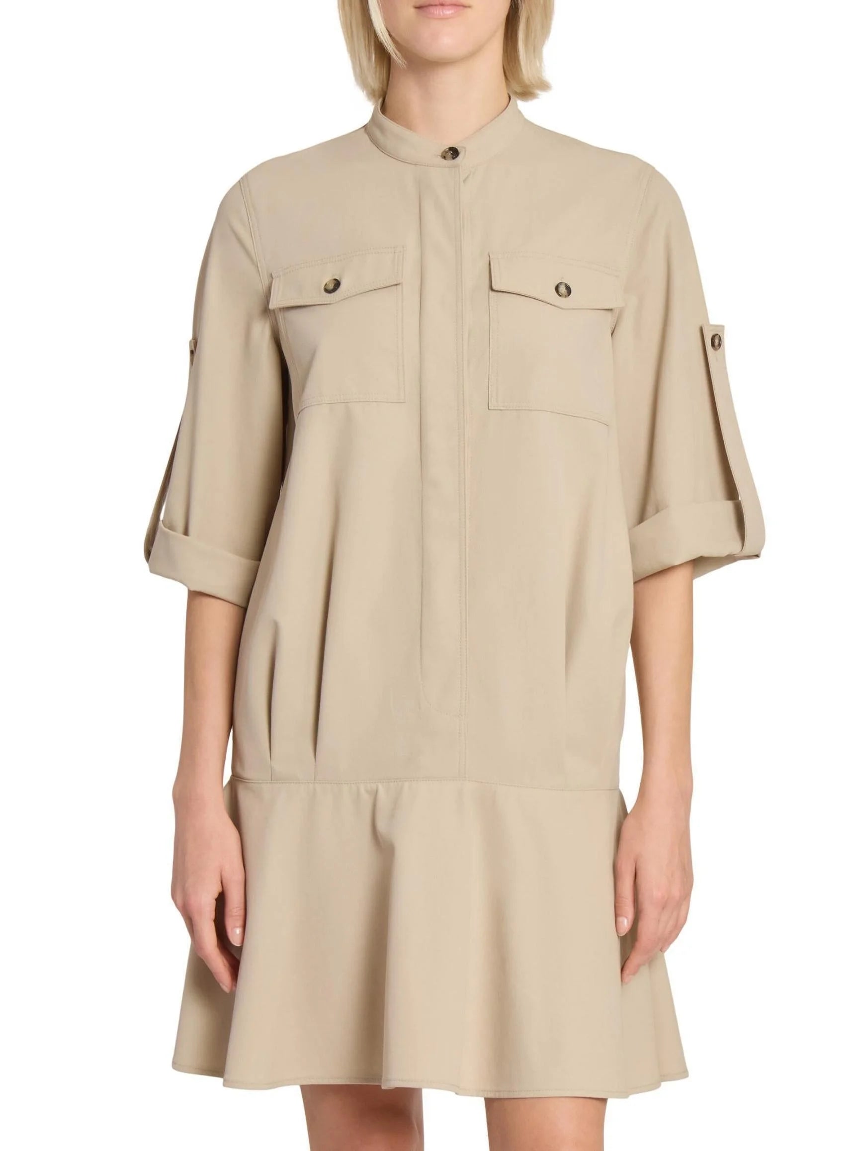 Beige Cotton Twill Mini Shirt Dress - Dresses