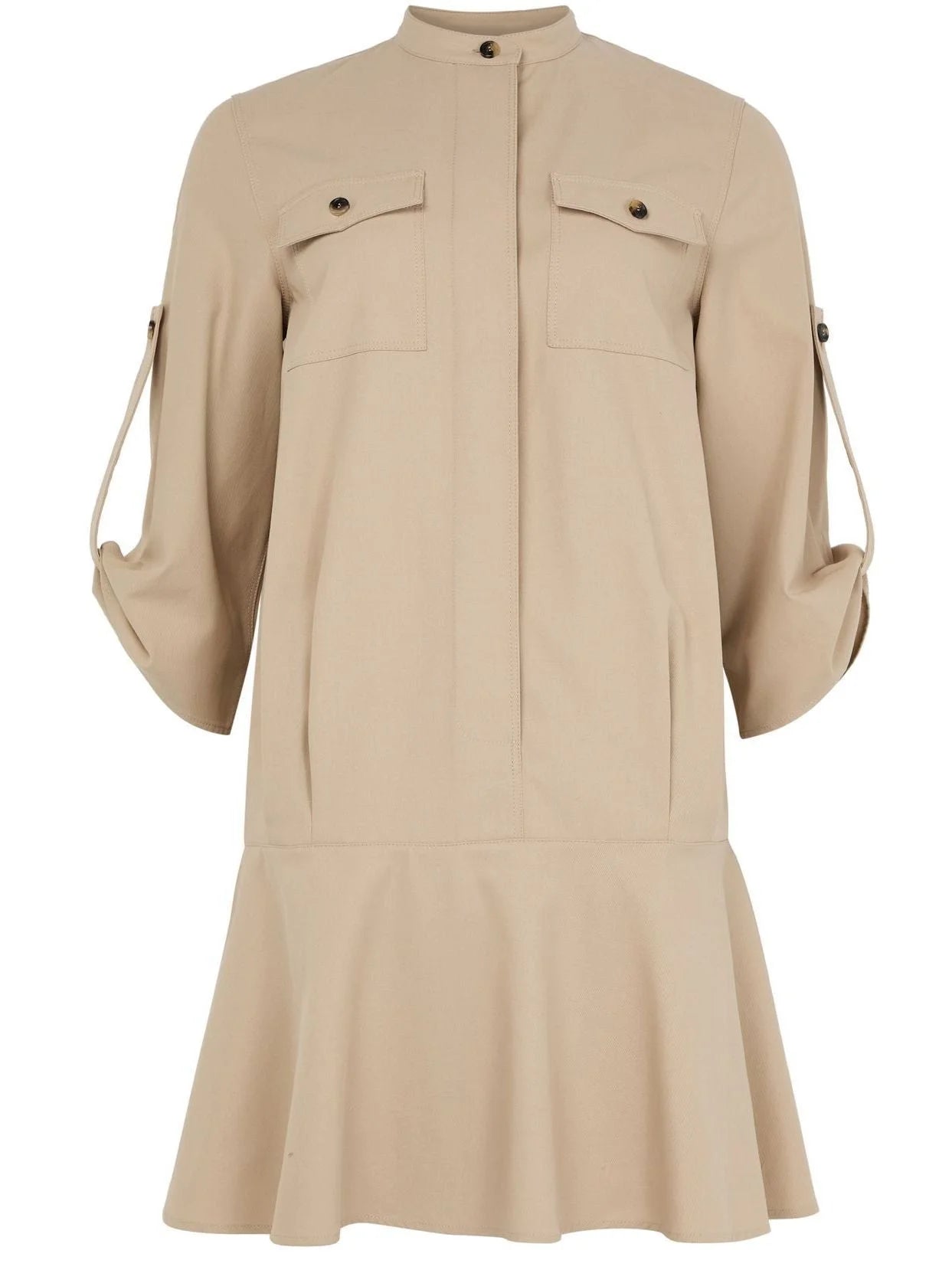 Beige Cotton Twill Mini Shirt Dress - Dresses