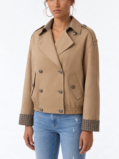Beige Double-Breasted Trench Jacket with Check Lining - Jackets