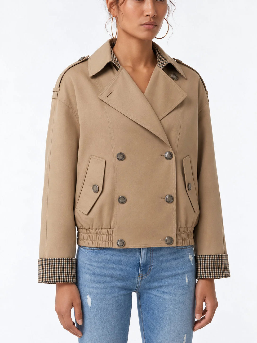 Beige Double-Breasted Trench Jacket with Check Lining - Jackets