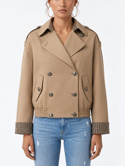 Beige Double-Breasted Trench Jacket with Check Lining - Jackets