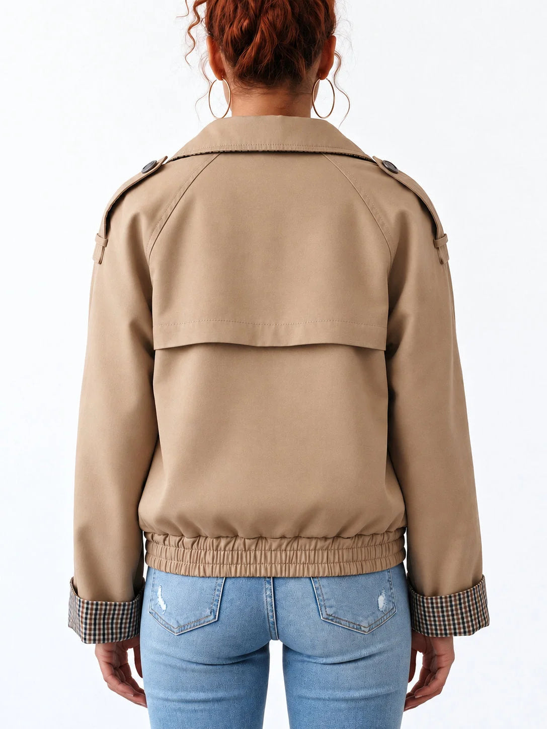 Beige Double-Breasted Trench Jacket with Check Lining - Jackets