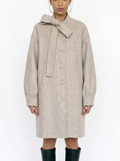 Beige Double-Faced Wool Coat with Bow Collar - Coats