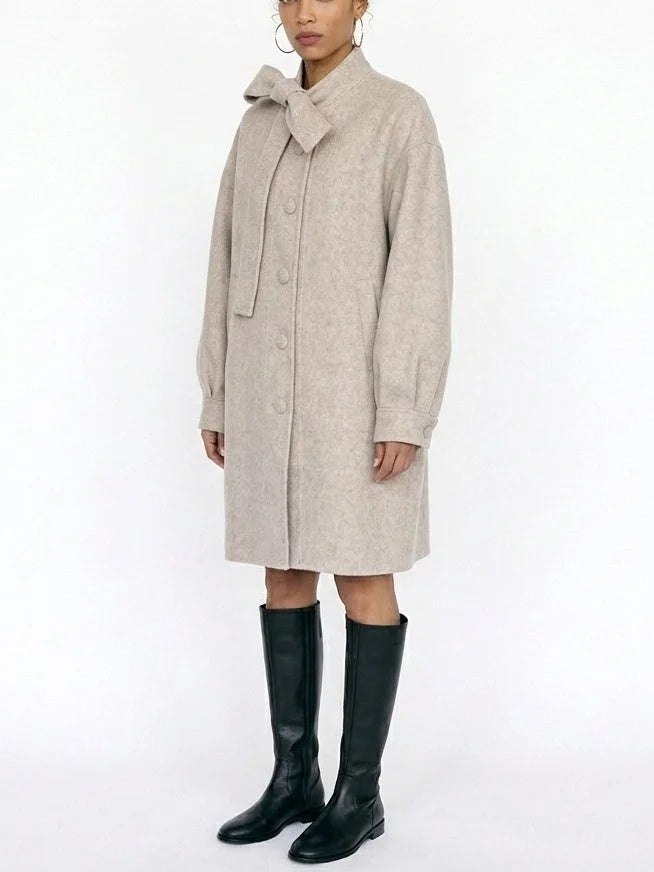 Beige Double-Faced Wool Coat with Bow Collar - Coats