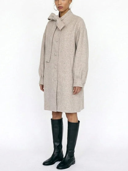 Beige Double-Faced Wool Coat with Bow Collar - Coats