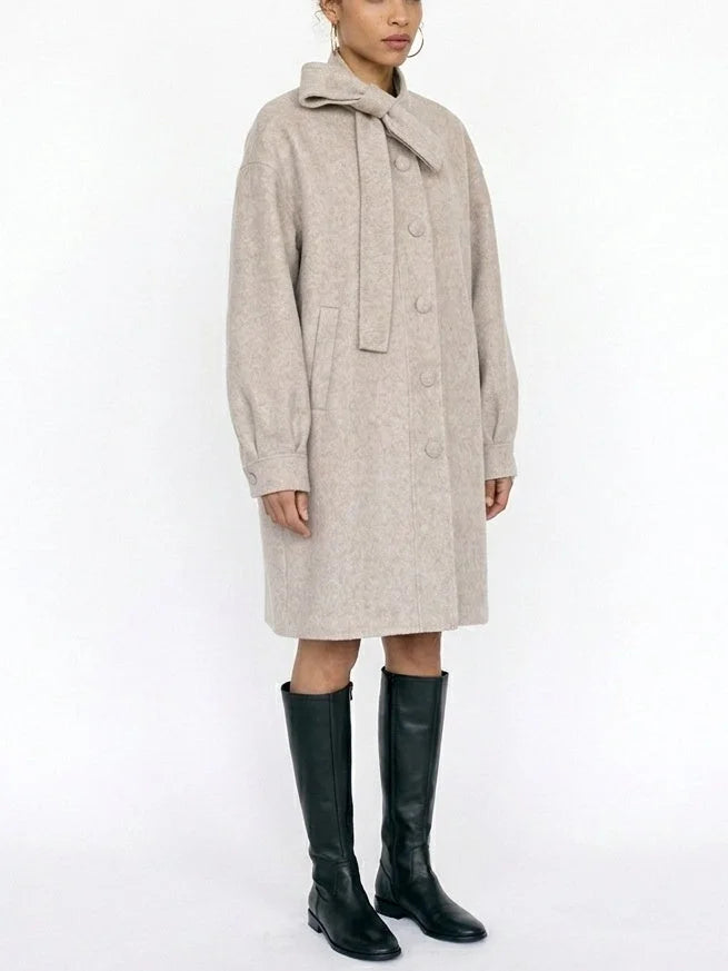 Beige Double-Faced Wool Coat with Bow Collar - Coats