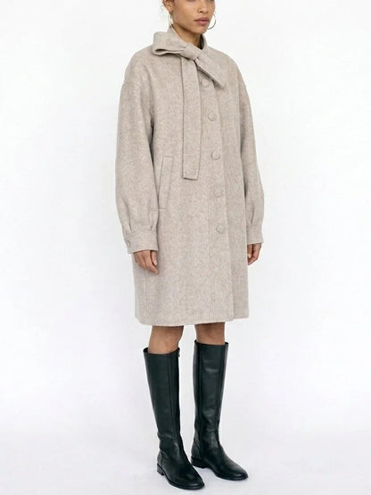 Beige Double-Faced Wool Coat with Bow Collar - Coats