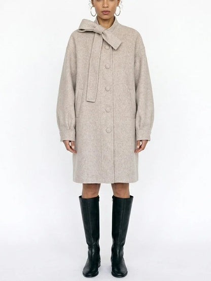 Beige Double-Faced Wool Coat with Bow Collar - Coats