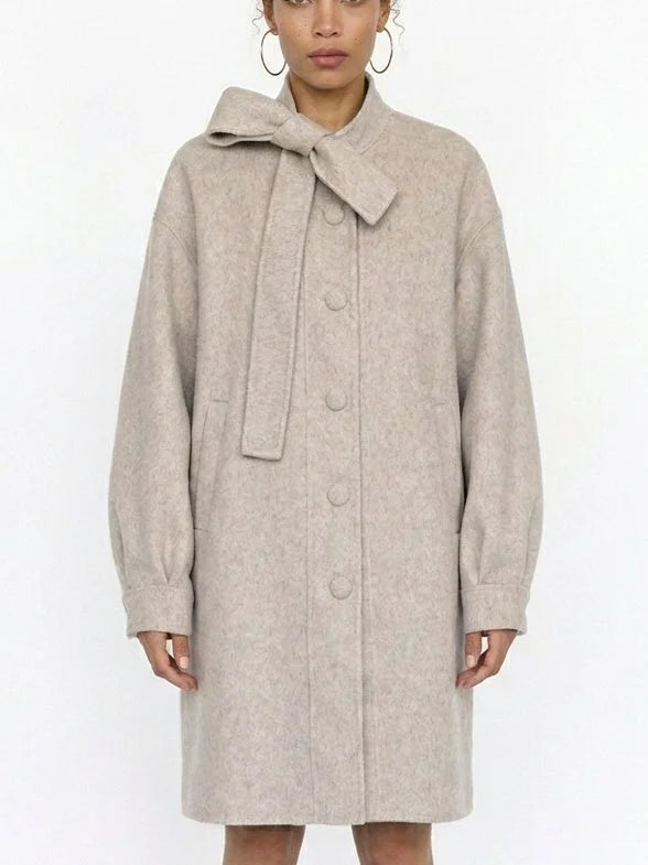 Beige Double-Faced Wool Coat with Bow Collar - Coats