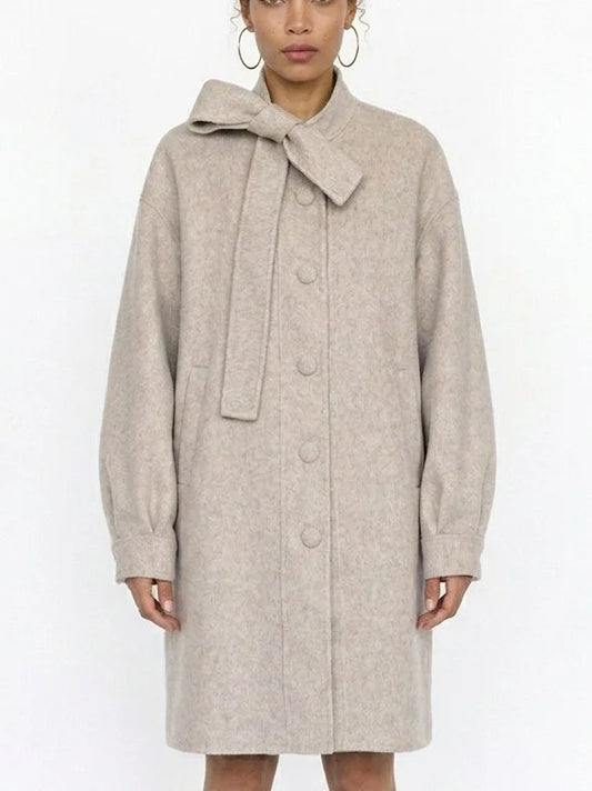 Beige Double-Faced Wool Coat with Bow Collar - Coats
