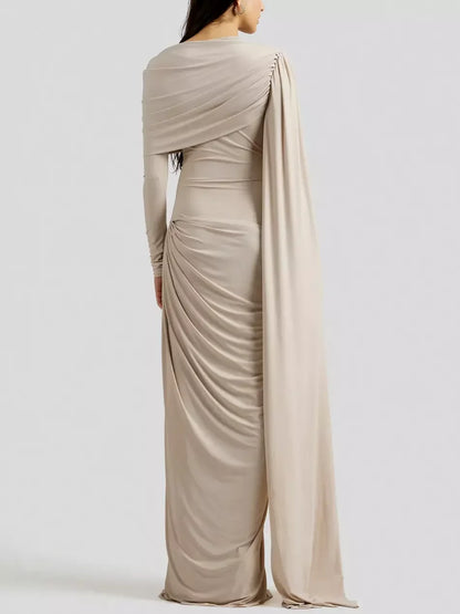 Beige Draped Drop-Waist Fitted Pleat Gown - Dresses