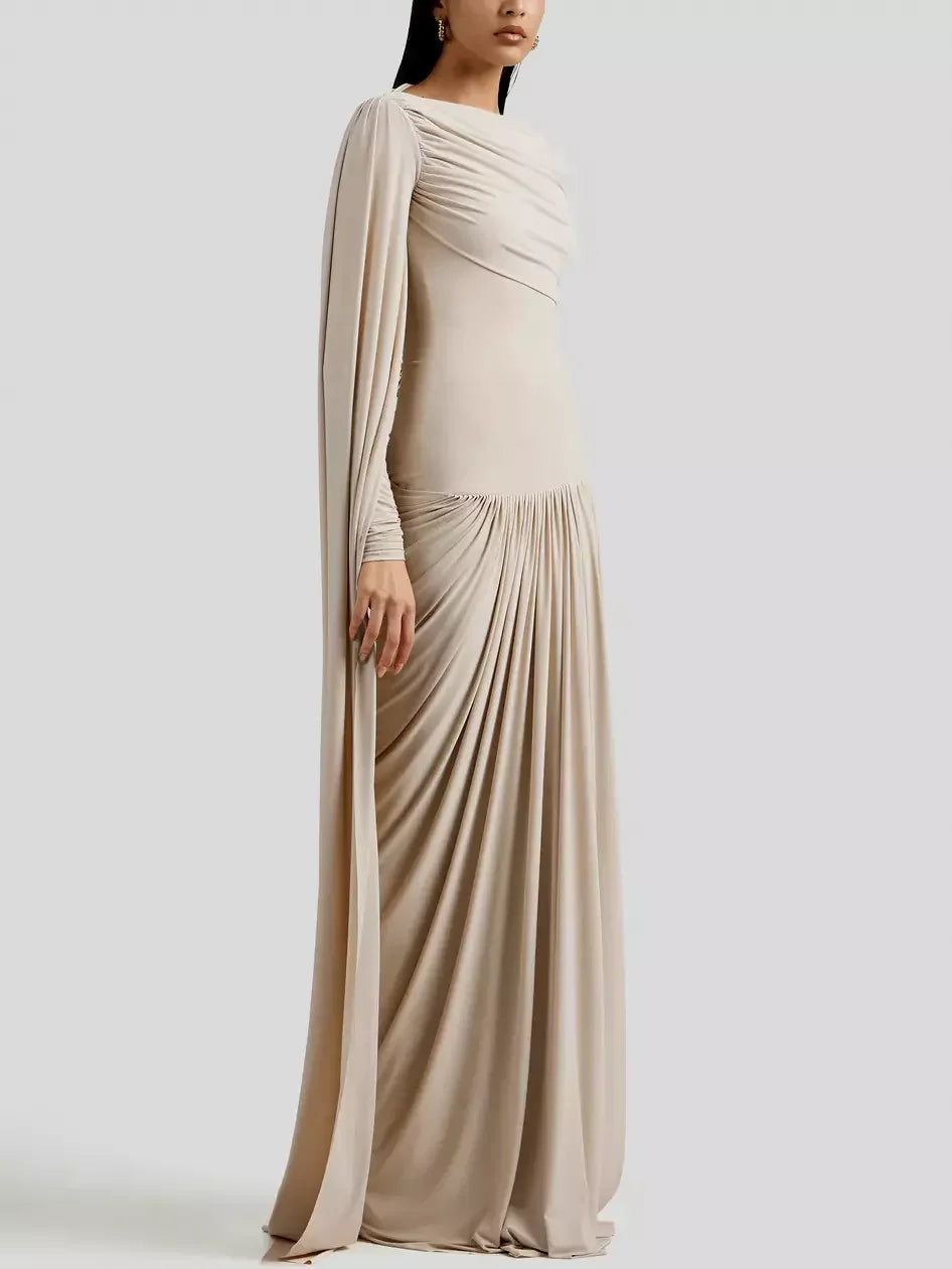 Beige Draped Drop-Waist Fitted Pleat Gown - Dresses
