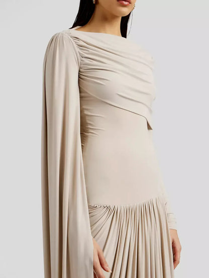 Beige Draped Drop-Waist Fitted Pleat Gown - Dresses