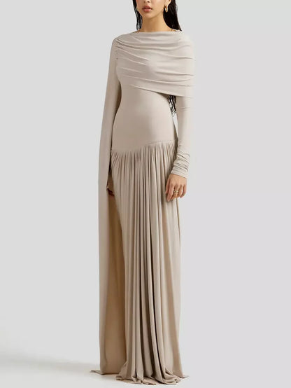 Beige Draped Drop-Waist Fitted Pleat Gown - Dresses