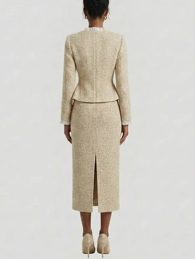 Beige Embellished Peplum Tweed Midi Dress - Dresses