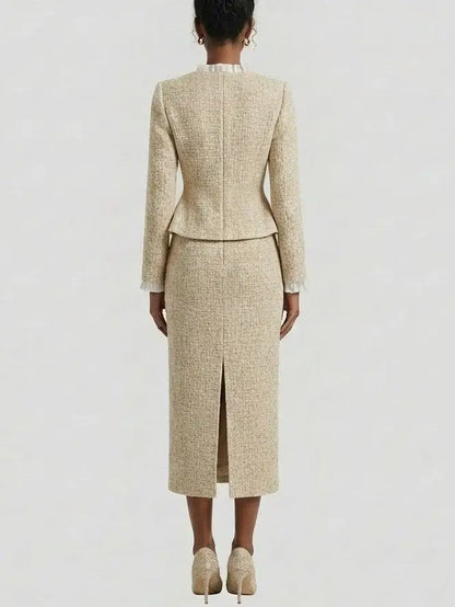 Beige Embellished Peplum Tweed Midi Dress - Dresses