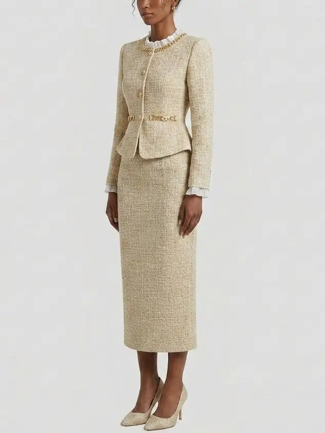 Beige Embellished Peplum Tweed Midi Dress - Dresses