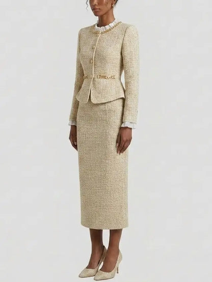Beige Embellished Peplum Tweed Midi Dress - Dresses