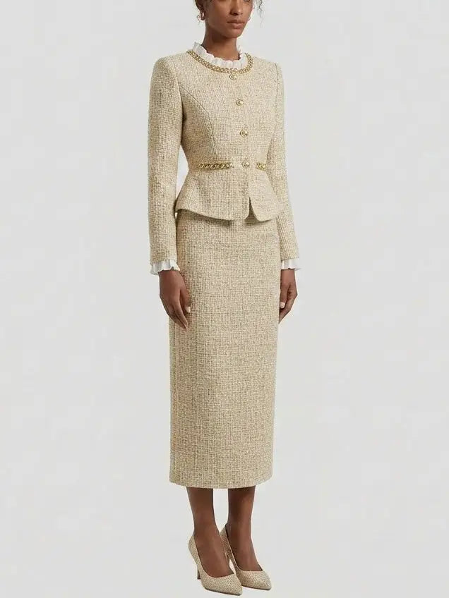 Beige Embellished Peplum Tweed Midi Dress - Dresses