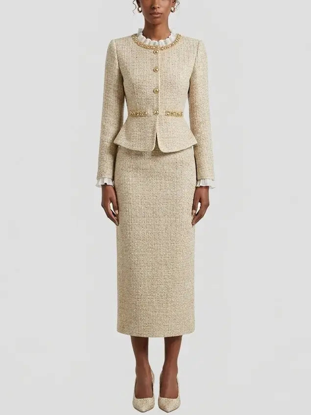 Beige Embellished Peplum Tweed Midi Dress - Dresses