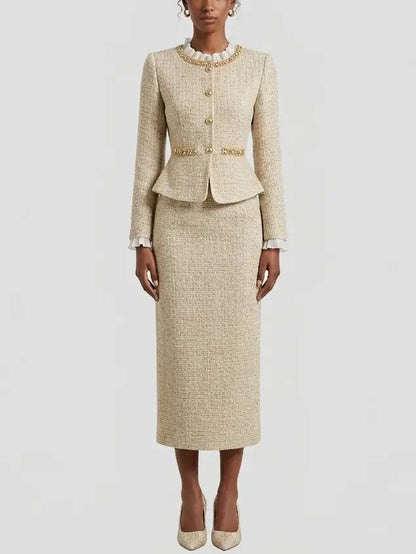 Beige Embellished Peplum Tweed Midi Dress - Dresses