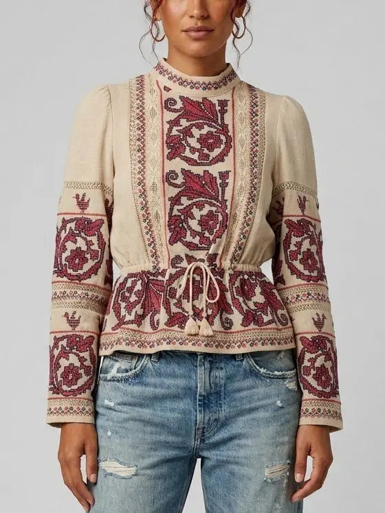Beige Embroidered High Neck Tie Waist Blouse - Tops