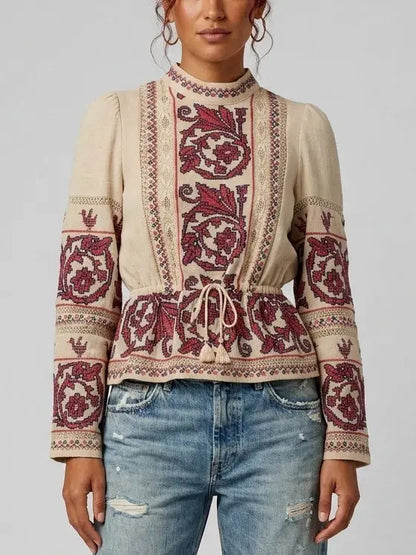 Beige Embroidered High Neck Tie Waist Blouse - Tops