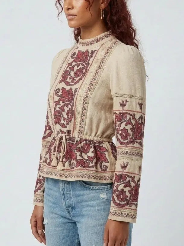 Beige Embroidered High Neck Tie Waist Blouse - Tops