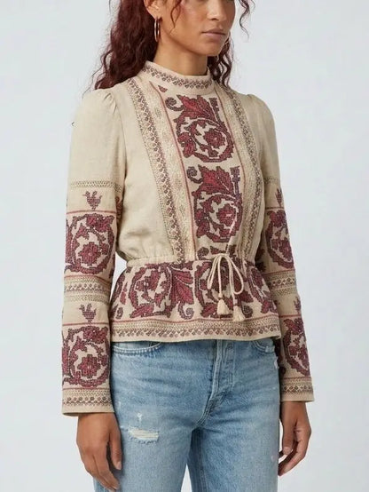 Beige Embroidered High Neck Tie Waist Blouse - Tops