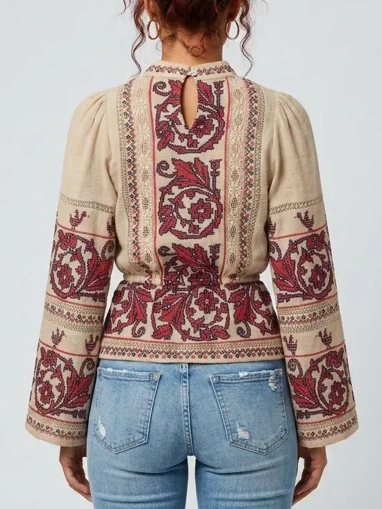 Beige Embroidered High Neck Tie Waist Blouse - Tops