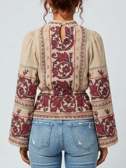 Beige Embroidered High Neck Tie Waist Blouse - Tops