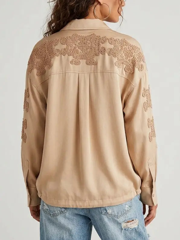 Beige Embroidered Silk Shirt with Drawstring Waist - Tops