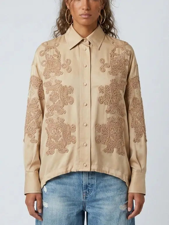 Beige Embroidered Silk Shirt with Drawstring Waist - Tops