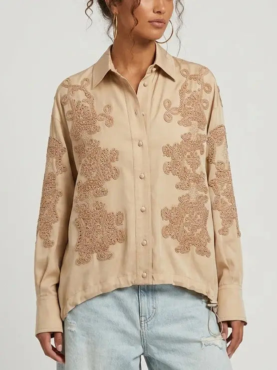 Beige Embroidered Silk Shirt with Drawstring Waist - Tops