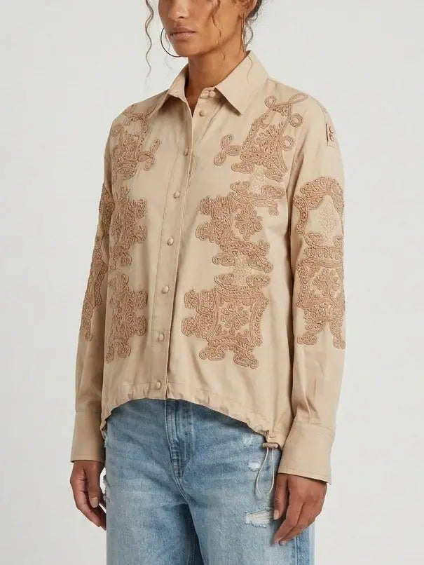 Beige Embroidered Silk Shirt with Drawstring Waist - Tops