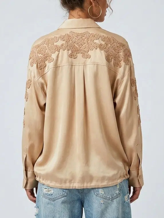 Beige Embroidered Silk Shirt with Drawstring Waist - Tops