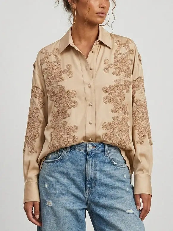 Beige Embroidered Silk Shirt with Drawstring Waist - Tops