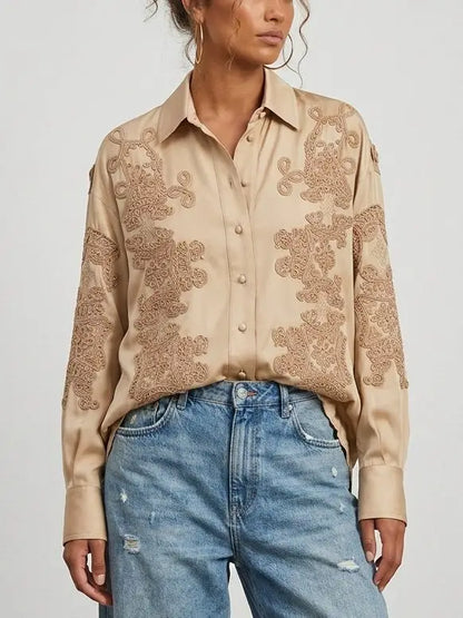 Beige Embroidered Silk Shirt with Drawstring Waist - Tops