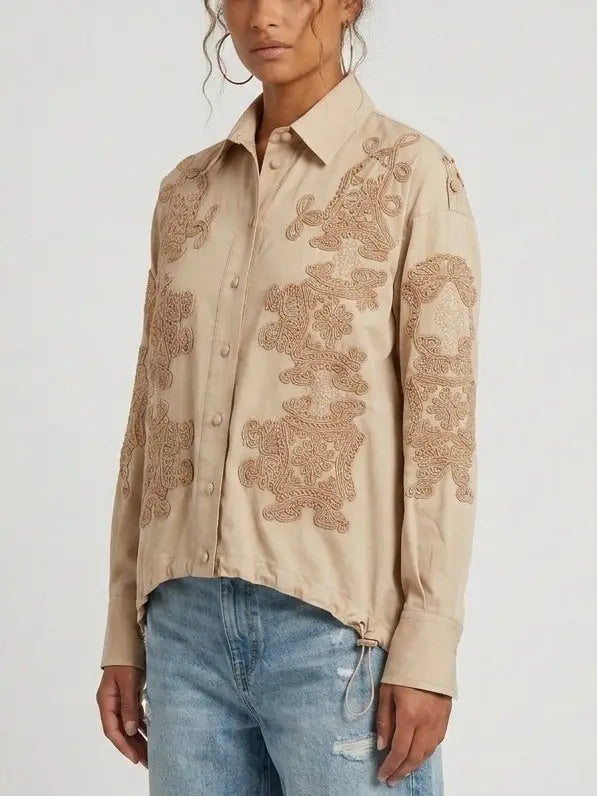Beige Embroidered Silk Shirt with Drawstring Waist - Tops