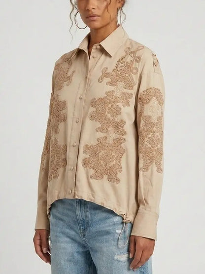 Beige Embroidered Silk Shirt with Drawstring Waist - Tops
