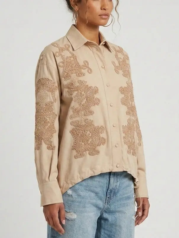 Beige Embroidered Silk Shirt with Drawstring Waist - Tops